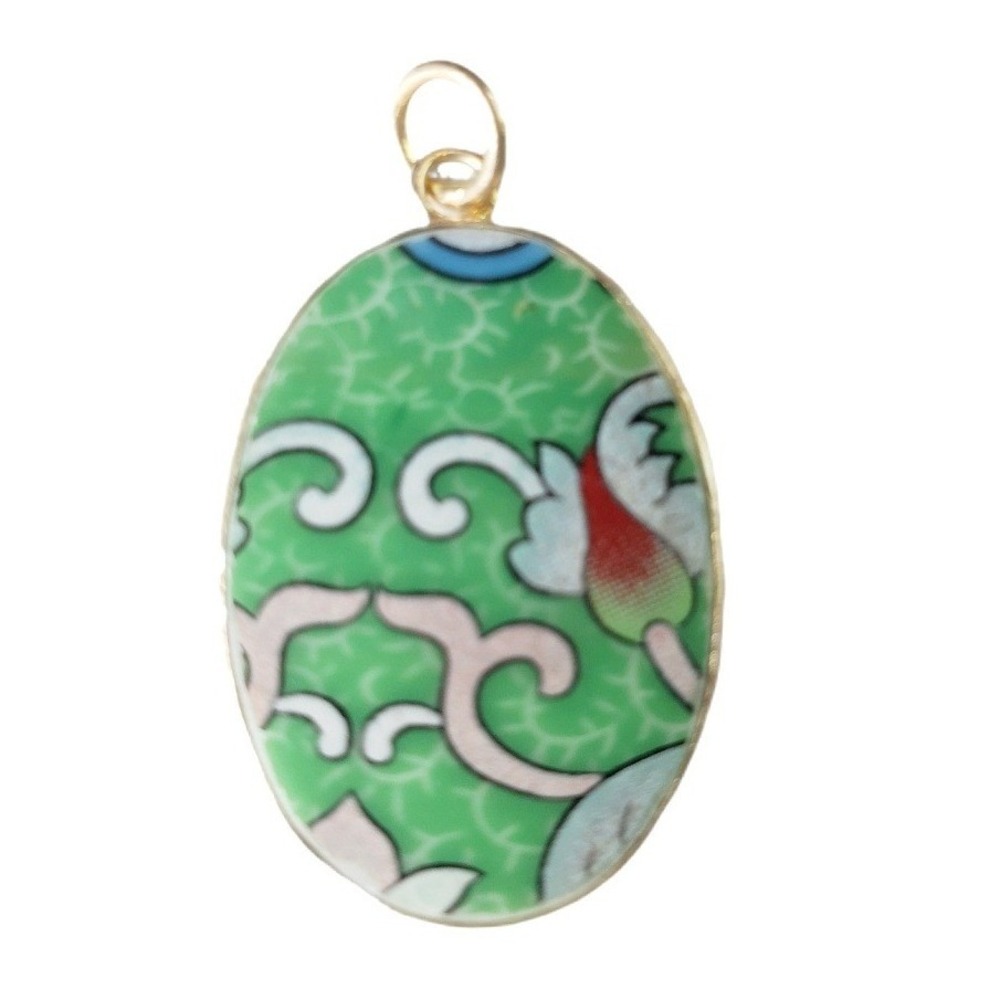 Vintage Transferware Porcelain Pottery Shard Pendant Green Floral Jewelry Making